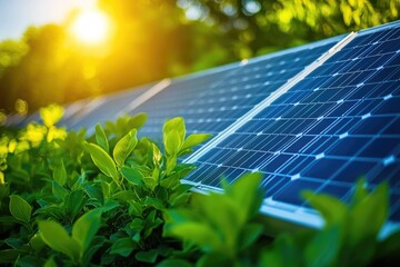 Solar panels collecting sunlight in nature setting