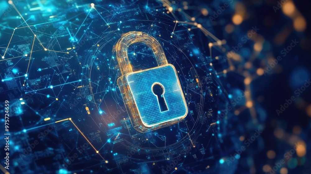 Poster a padlock symbolizing cybersecurity on a technological background, emphasizing secure data transmiss
