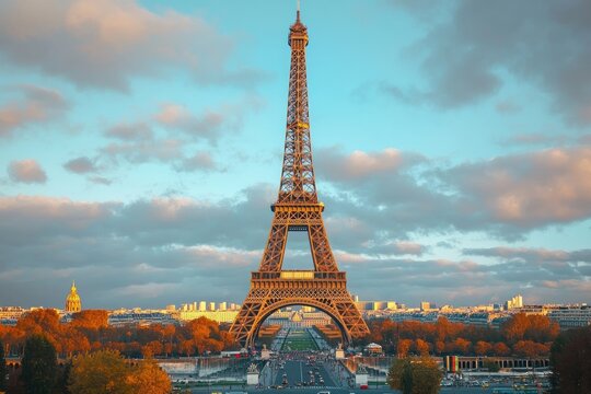The eiffel tower standing tall in paris on a beautiful autumn evening