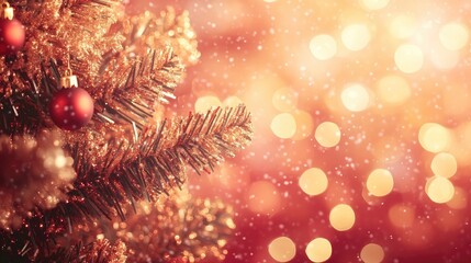 Close-up of a Christmas tree with red ornaments and twinkling lights in the background.