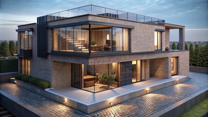 Obraz premium Modern Brick House with Glass Walls and Terrace
