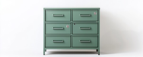 Stylish green cabinet with six drawers, perfect for organizing essentials and enhancing interior decor in modern spaces.