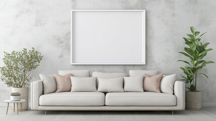 A modern living room featuring cozy white sofa, empty poster frame, and greenery