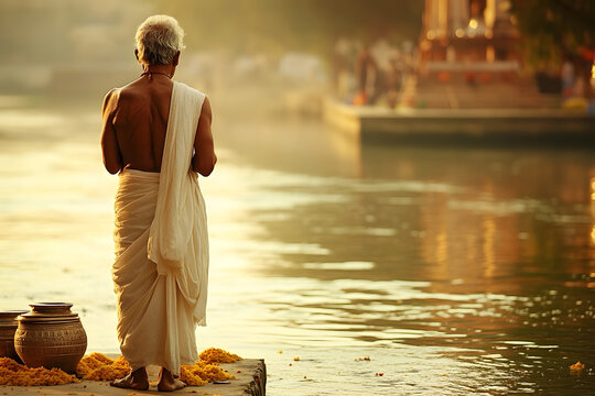 An Indian man celebrating pitru paksha at a river