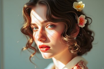 Naklejka premium Beautiful Woman with Flowers in Hair Soft Light Close up Portrait