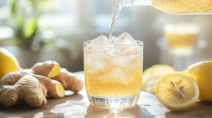 Cool ginger lemonade with ice cubes in a glass, surrounded by fresh ginger and lemon on a sunny day.