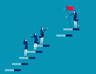 Skill gap, employee difficulty or difference knowledge, competence or career problem, talent obstacle or opportunity challenge concept, business people climb up stair to find sill gap to reach goal.