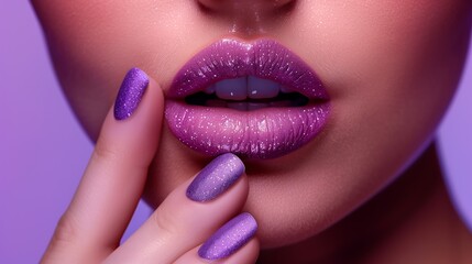 Naklejka premium Close-Up of Glossy Purple Lips and Matching Manicure