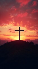 A cross atop the hill with a beautiful sunrise in the background, an Easter-themed background with copy space for text