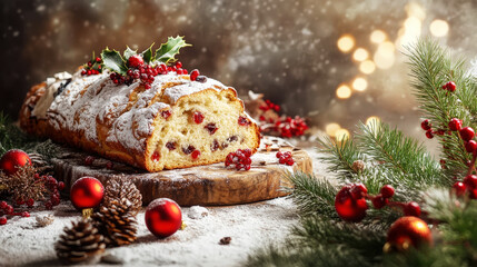 Delicious christmas stollen, creative mess on a table. Christmas festive food. Generative AI