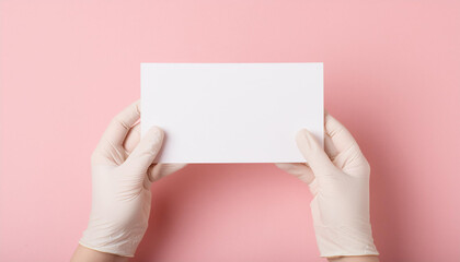 Hand in white medical glove holding blank white card. Empty template. Pink backdrop. Mock-up.