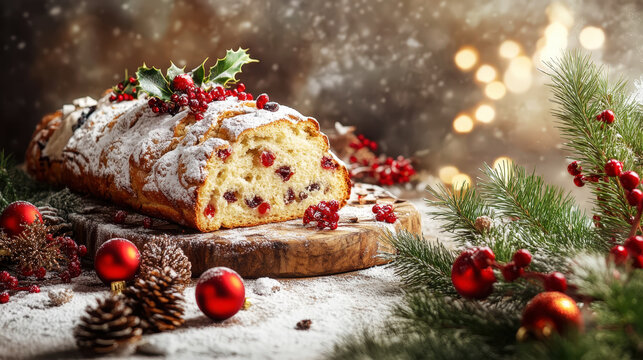 Delicious christmas stollen, creative mess on a table. Christmas festive food. Generative AI