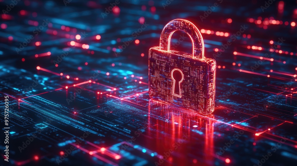 Poster a sleek, glowing padlock on a digital background with data flow, representing cybersecurity and the 