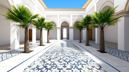 Moroccan Riad Serenity, a vibrant traditional courtyard adorned with intricate tilework, lush greenery, and elegant archways inviting tranquility.