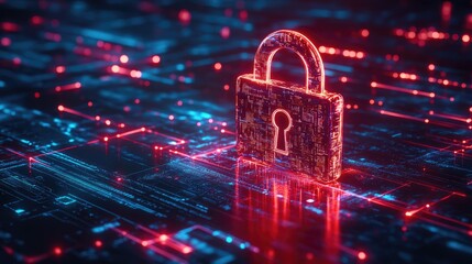 A sleek, glowing padlock on a digital background with data flow, representing cybersecurity and the safeguarding of information.