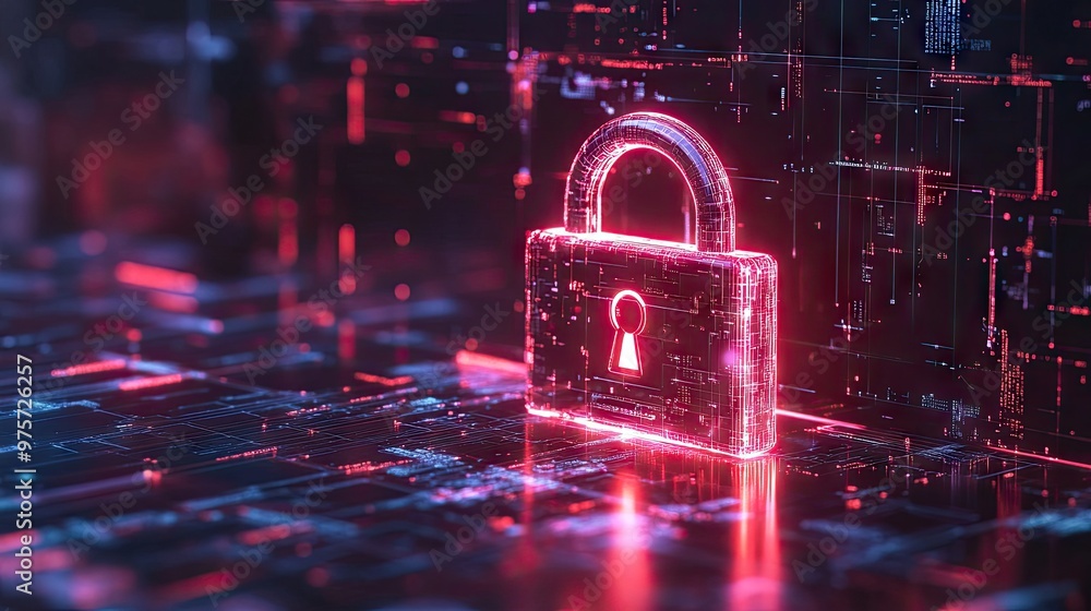 Poster a sleek, glowing padlock on a digital background with data flow, representing cybersecurity and the 