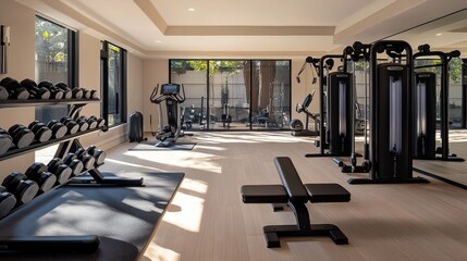 A sleek, modern home gym with state-of-the-art machines and free weights, offering a cutting-edge space for fitness enthusiasts.