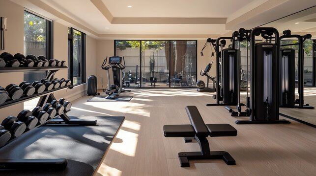 A sleek, modern home gym with state-of-the-art machines and free weights, offering a cutting-edge space for fitness enthusiasts.