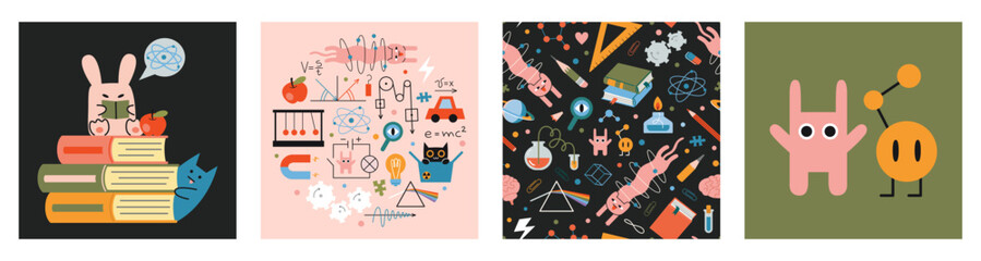 Education and study concept set with cute characters and seamless pattern. Physics lesson at school. Formulas, drawings, and equipment for classes. Trendy modern vector illustration, hand drawn, flat