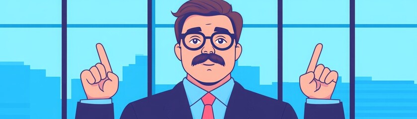 A businessman with glasses and a mustache gestures confidently in an office setting, symbolizing leadership and success.