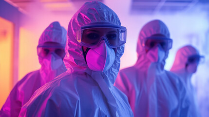 People in protective suits and masks stand together in a room