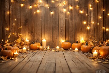 Rustic wooden backdrop with pumpkins, string lights, and candles for a cozy fall halloween scene