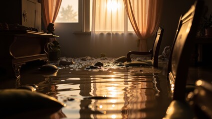 Flooded Living Room with Sunlight and Reflections
