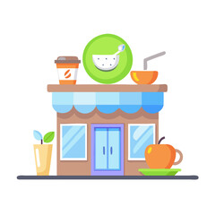 Diet cafe storefront with healthy food symbols