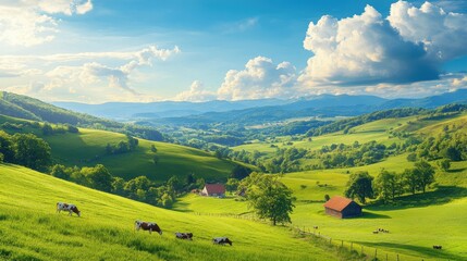 Obraz premium Picturesque Rural Landscape with Rolling Hills and Cows