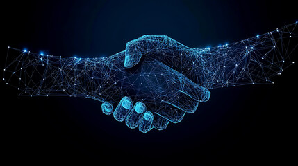 In a future, abstract setting, two luminous, computerized hands shake, signifying cooperation and teamwork.