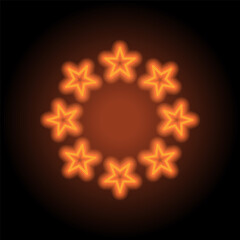 Round star simple icon. Flat design. Orange neon on black background