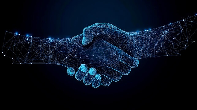 In a future, abstract setting, two luminous, computerized hands shake, signifying cooperation and teamwork.