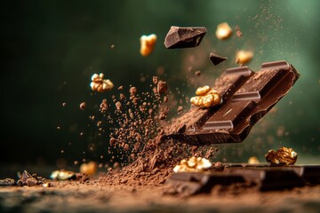 Bar of dark chocolate floating with walnuts around the chocolate, explosion of caramel and cocoa powder, product photography, advertising, marketing