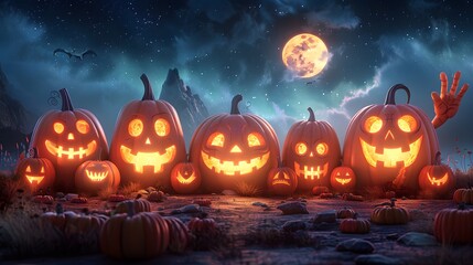 Halloween background with pumpkins against the night sky with a full moon.