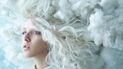 Fototapeta premium A woman with long white hair is lying on a bed with a cloud of cotton around her