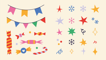 Set of elements for festive decoration such as garlands, stars, sparkles, snowflakes and sweets. Winter holidays, Christmas attributes. Trendy modern vector illustration, hand drawn, flat