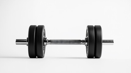 Naklejka premium A black dumbbell resting on a minimalist white surface in a bright fitness studio setting