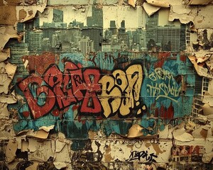 Obraz premium Artistic mix of torn paper textures, colorful graffiti tags, and black-and-white photography of cityscapes for an urban-inspired visual