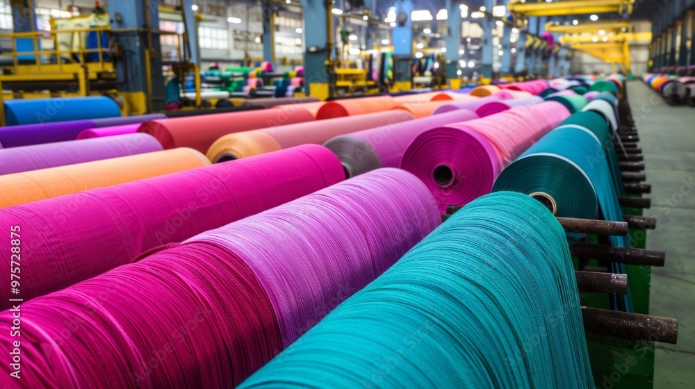 Aufkleber a row of colorful rolls of fabric are displayed in a factory