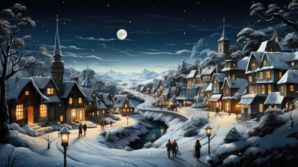 Cartoon art of a winter night city with ancient architecture with snowdrifts, lights on in the windows, people walking along the streets in the light of the moon. New Year and Christmas in the city.