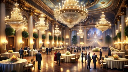 An elegant ballroom set for a New Year gala with chandeliers, champagne fountains, and people in formal attire