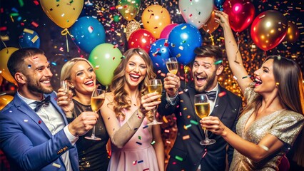Balloons and confetti falling as friends toast at a New Year's Eve party