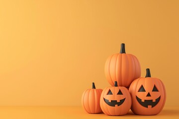 A charming display of carved pumpkins against a vibrant orange background, perfect for Halloween or autumn-themed projects.