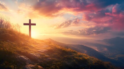 Fototapeta premium A cross atop the hill with a beautiful sunrise in the background, an Easter-themed background with copy space for text