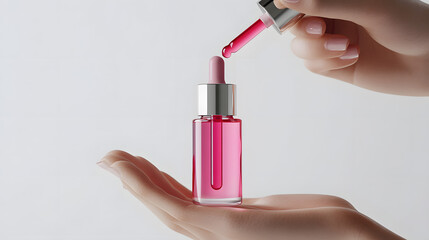 Elegant Hand Holding a Dropper with Pink Serum on White Background