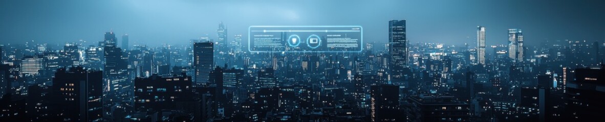 Fototapeta premium A glowing interface projected from a palm, featuring safety-related digital symbols, surrounded by a futuristic city skyline at dusk, blue neon lights