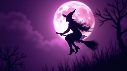 Fototapeta premium Cute halloween witch on her broomstick with copy space