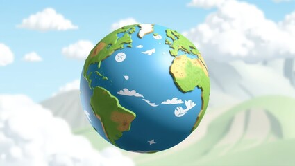 Fototapeta premium 3D Cartoon Earth Globe with Clouds and Sky