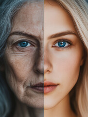 Portrait shows two contrasting halves of a woman's face, One depicting an older appearance, the other showing a young and beautiful appearance.