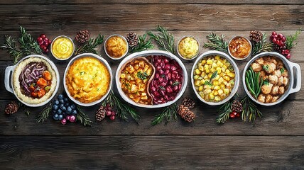 Watercolor of a Thanksgiving potluck feast, with friends and family bringing diverse homemade dishes to share, symbolizing unity